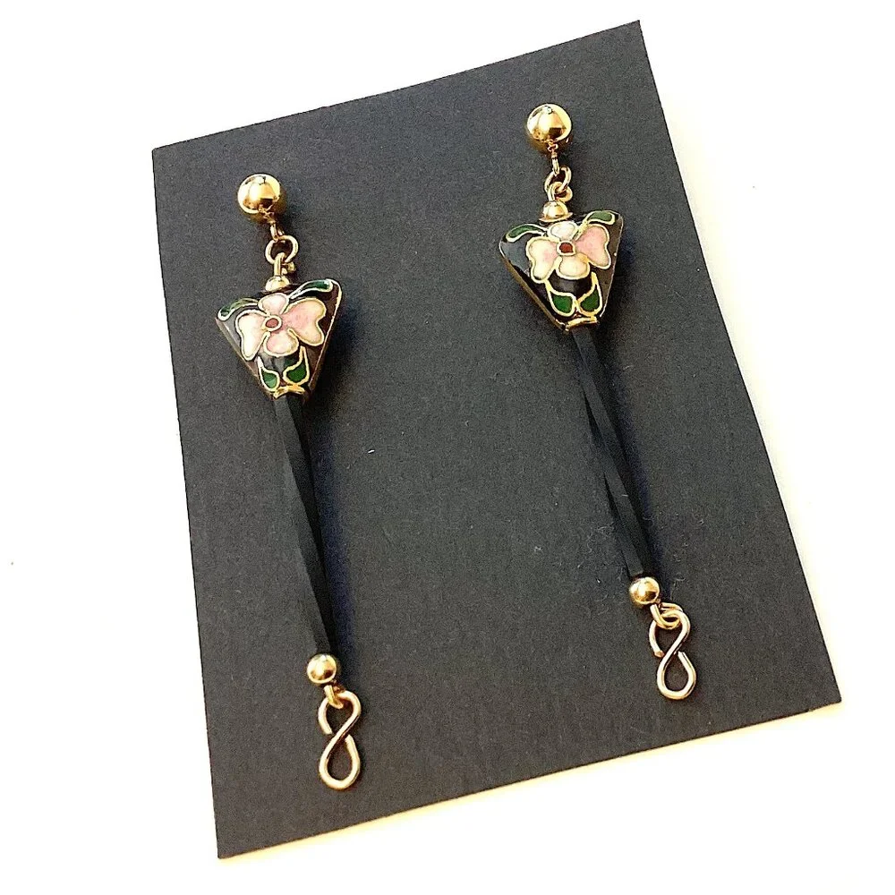 Vintage 14k Gold Cloisonne Earrings, Long and Unique Dangle Jewelry, Art Nouveau - Picture 6 of 8
